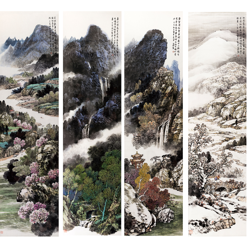 姿翰超高清微喷装饰画春夏秋冬四季山水四条屏写意山水画国画纸本100x