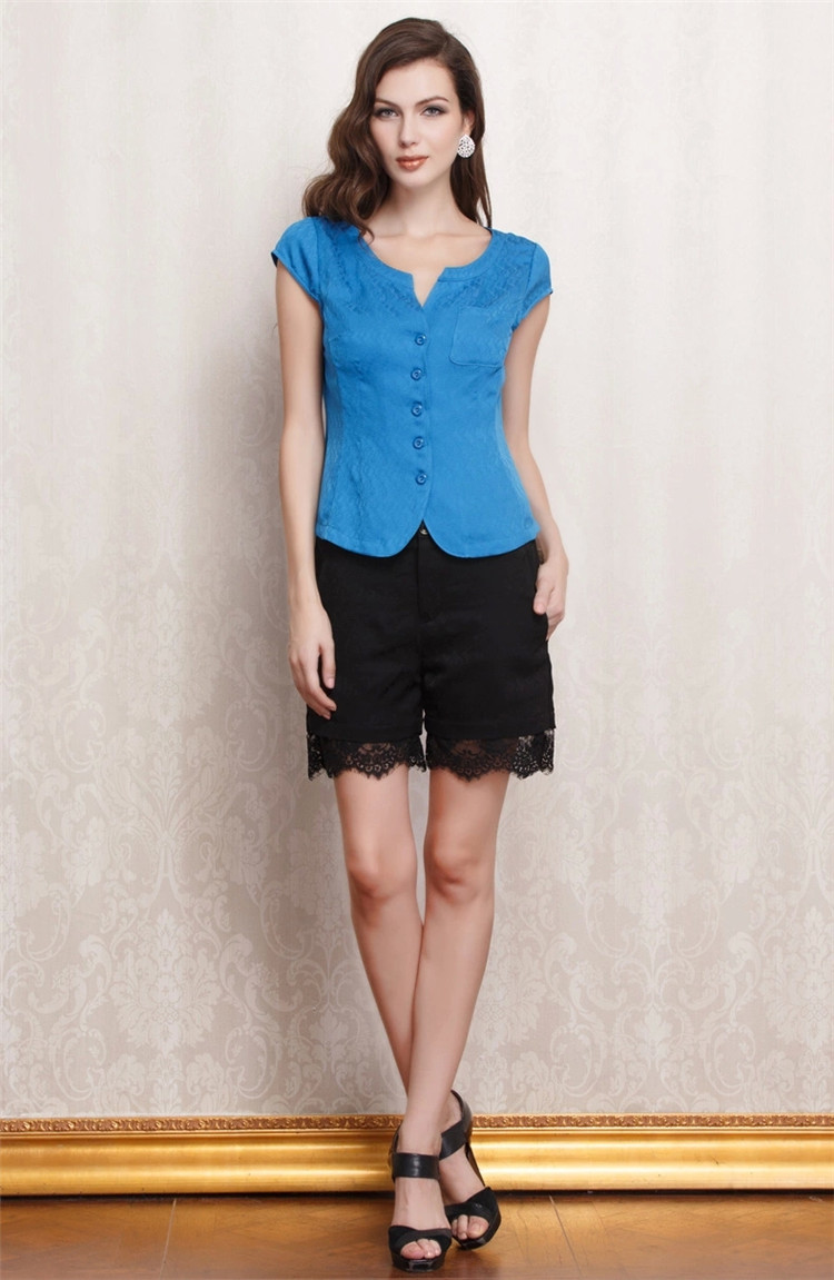 voa 真丝直筒新款女短裤 黑色百搭桑蚕丝裤子 拼接蕾丝裤丝绸热裤 k