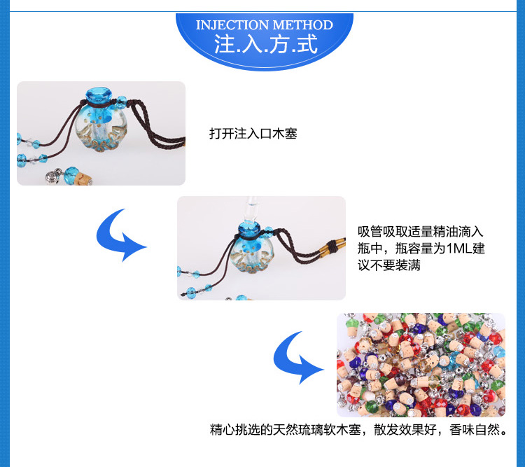 心心香印金沙琉璃项链 扁圆形香薰精油项链 香水项链饰品复古长款毛衣链创意 节日生日礼物 湖水蓝
