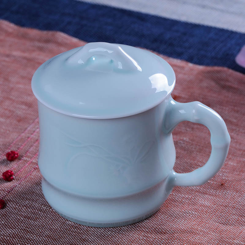 帝博钰 景德镇茶杯陶瓷带盖创意家用水杯青瓷雕刻杯子办公杯老板杯