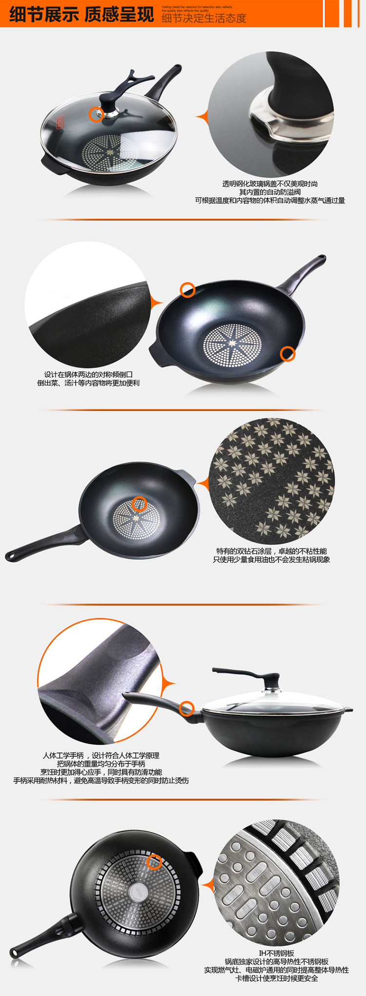 韩国coren IH32cm钻石不粘炒锅 无油烟铁炒菜平底锅 所有炉具通用平底锅
