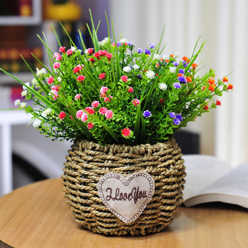 喜莱卡(xilaika) 手工田园草编花插仿真花套装玫瑰假花花卉花瓶摆件