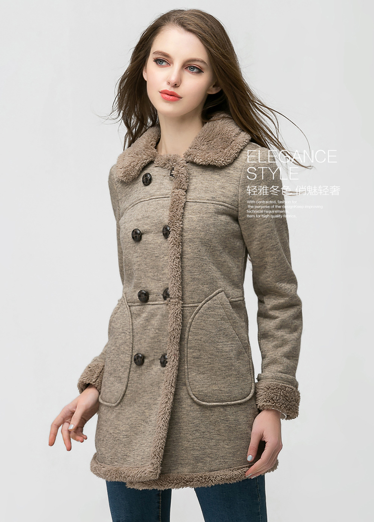 啄春泥 2015冬季毛呢大衣女 韩版羊毛绒大衣翻领气质修身棉衣女中长款毛绒保暖外套 女 咖啡色 L