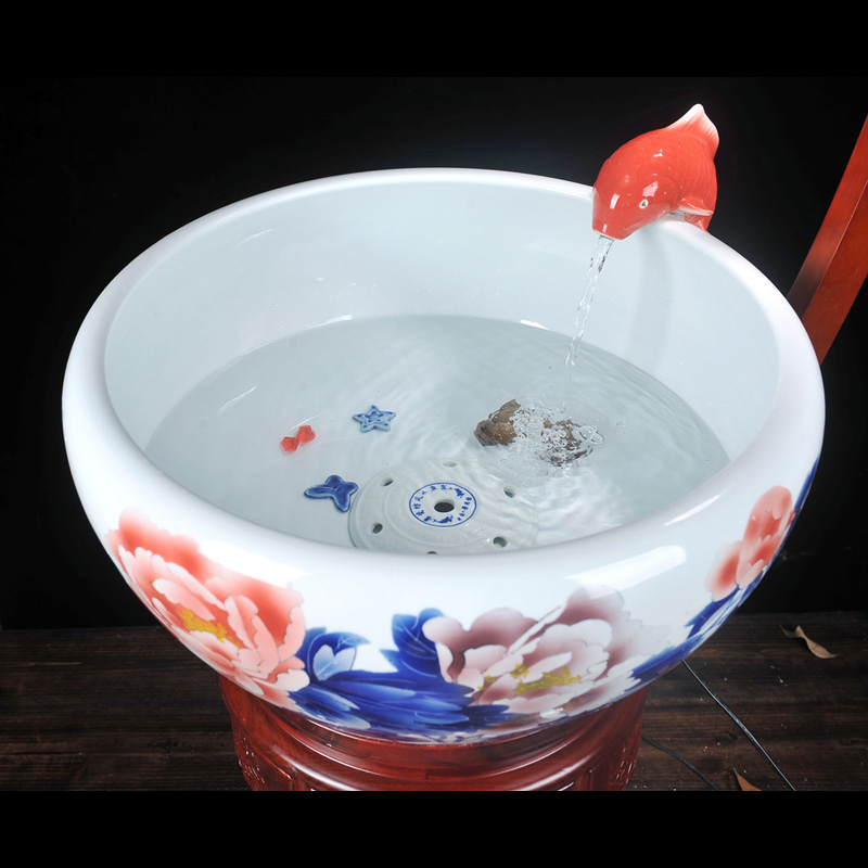 臻爵家饰景德镇陶瓷中大小号金鱼缸喷泉喷水过滤雾化养鱼盆榆木架带