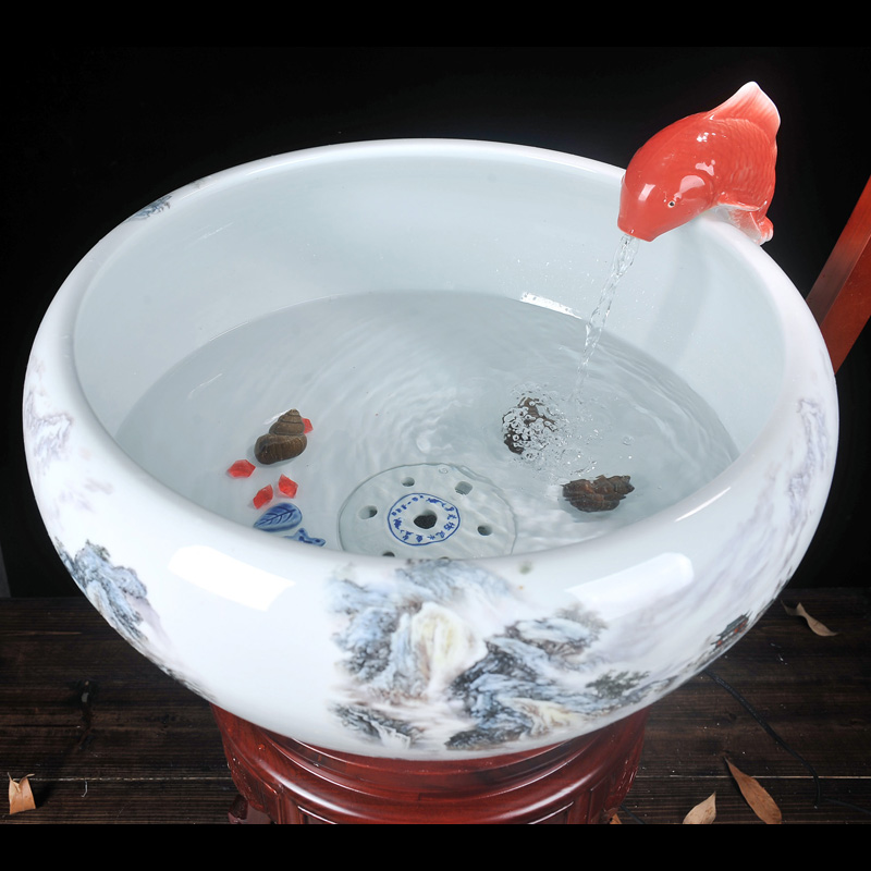 臻爵家饰景德镇陶瓷中大小号金鱼缸喷泉喷水过滤雾化养鱼盆榆木架带