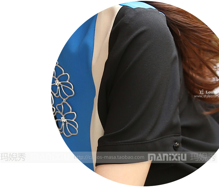 玛婗秀2015夏季韩版女装撞色拼接衬衫夏装短袖雪纺衫 黑色 M