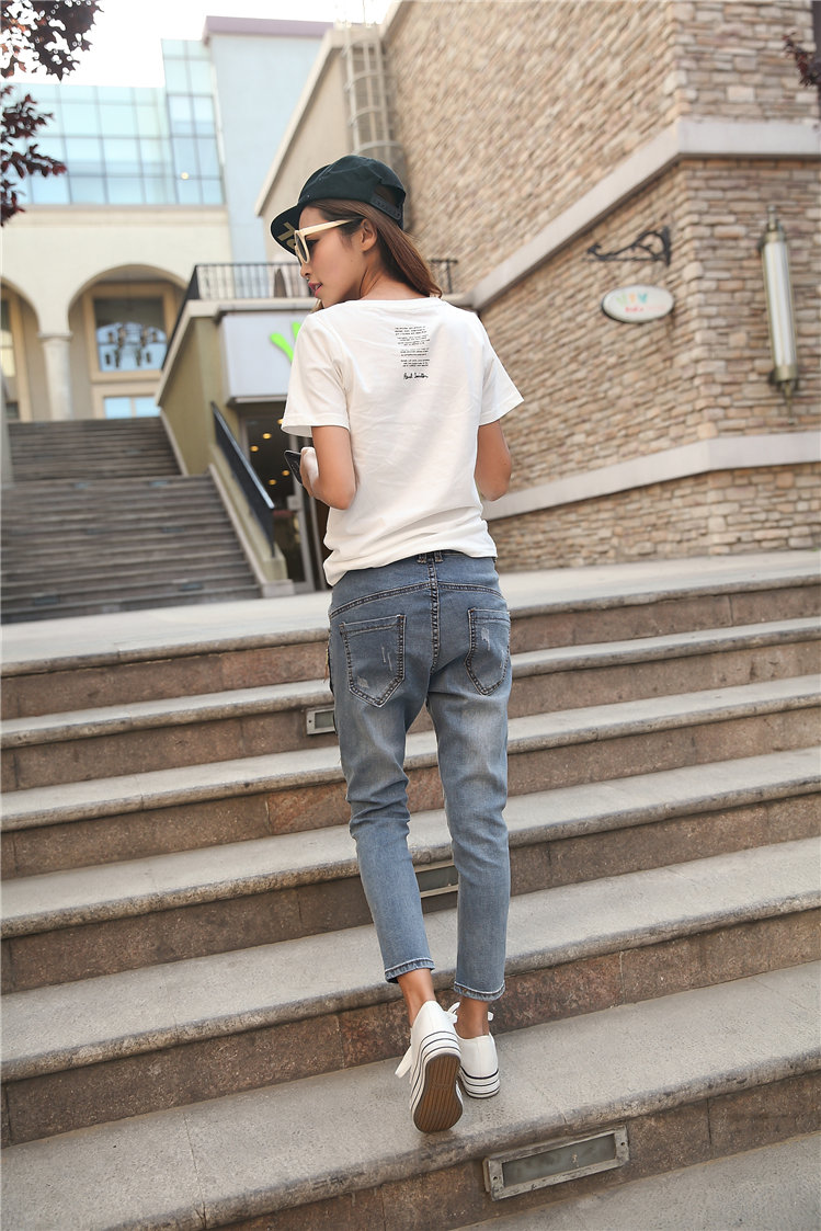 ekm夏薄款牛仔九分裤女显瘦小脚哈伦裤宽松大码胖mm弹力中腰7七分裤