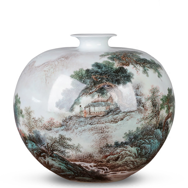 梵尼威 景德镇陶瓷器 手绘粉彩山水花瓶插花器 新中式家居客厅装饰品