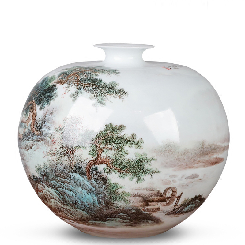 梵尼威 景德镇陶瓷器 手绘粉彩山水花瓶插花器 新中式家居客厅装饰品