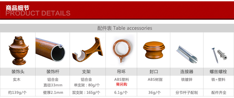 33直径铝合金窗帘杆 天然木纹杆实木头罗马单双杆 NLM033 红橡木双杆 0.1米尾数补拍