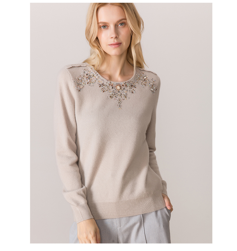 baykal/贝加尔秋冬新款2017镶钻圆领针织衫保暖羊绒毛衣套头15008