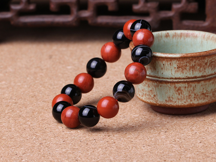 开光石碑护身符红竹石手串 影子石手链化解男女士事业不顺苦情痣断掌