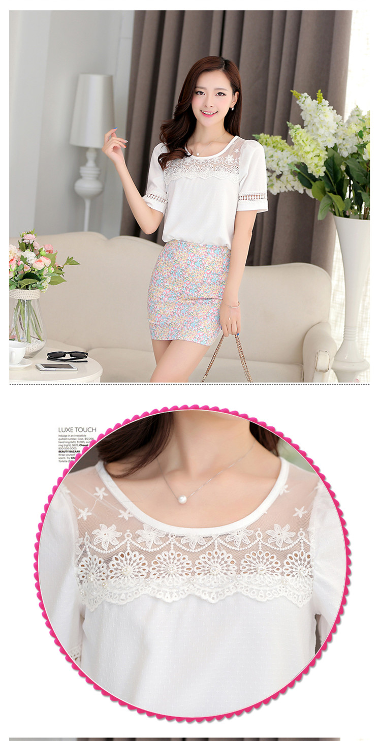 夕月2015夏季新款时尚网纱衫潮短袖t恤女镂空大码上衣雪纺蕾丝衫加