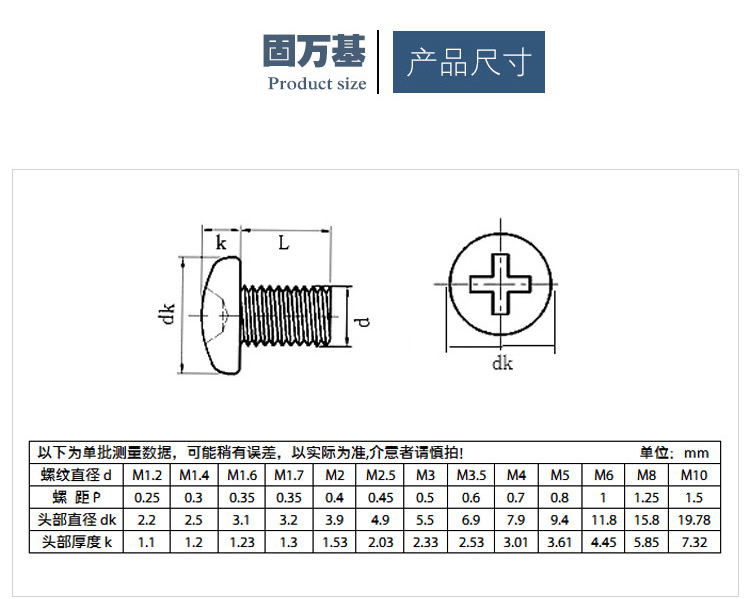 固万基 镀镍十字圆头机牙螺丝pm盘头螺栓机丝牙电脑微型电子小螺钉 m