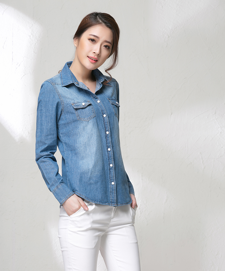 度莲牛仔衣2015新款春装女士百搭外套牛仔衬衫女长袖韩版薄款衬衣NC006 蓝色 L