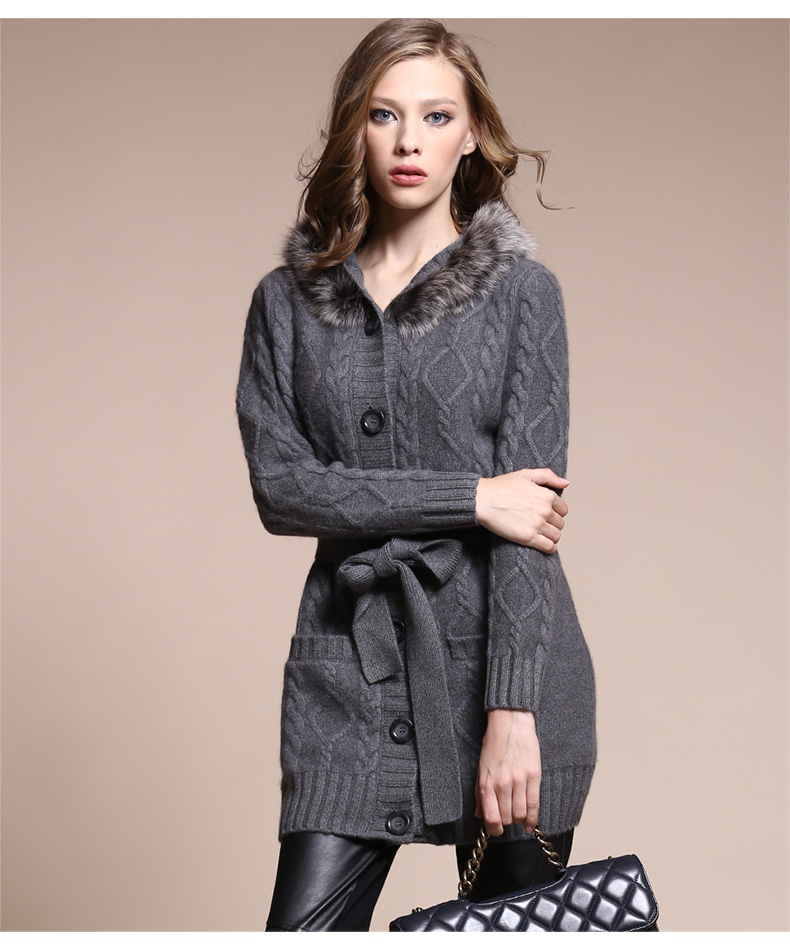 baykal/贝加尔狐狸毛连帽中长款羊绒衫 单排扣开衫外套 11470 沙褐色