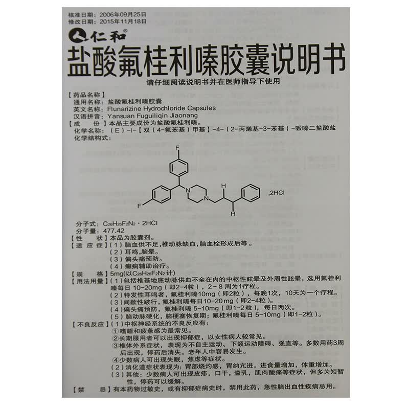仁和 盐酸氟桂利嗪胶囊 5mg*24粒 1盒装】2盒起到手?/盒