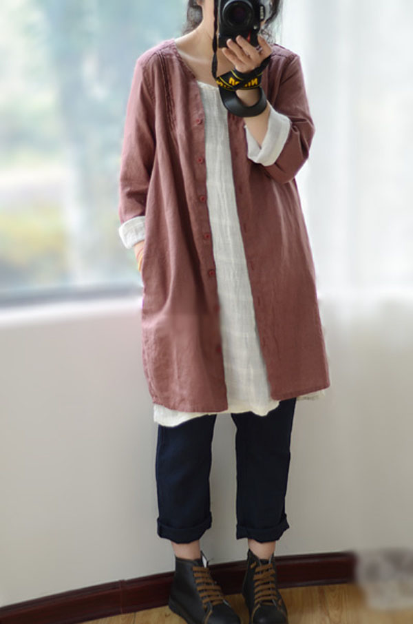 初罗2015春秋装新款女装日系文艺气质休闲宽松棉麻复古外披衬衫上衣外套 旧红色 XL