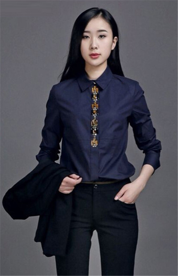 职业阿玛施特女装2015秋冬装新款长袖拼接衬衫气质宽松版大码女装正品衬衫潮 藏青色镶钻衬衫 S(2码)