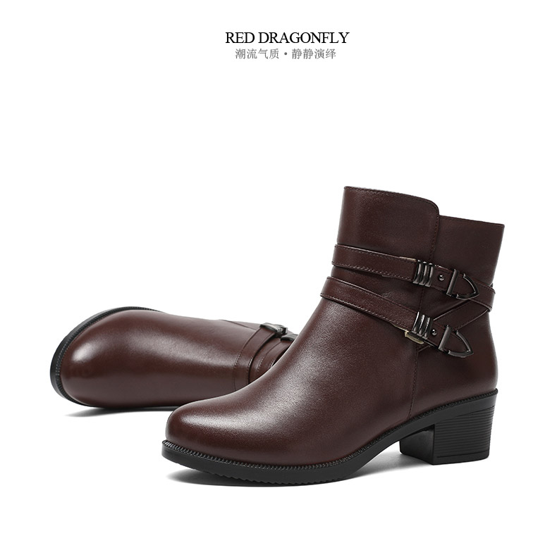 红蜻蜓短靴女头层牛皮粗跟头层牛皮冬季马丁靴女英伦风加绒保暖妈妈棉