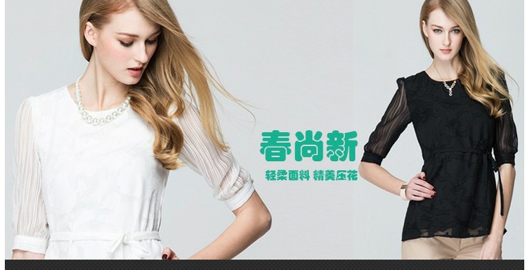 
                                        韩有亦欧2015夏季职业百搭雪纺衬衫女优雅气质中袖雪纺衬衣女式上衣收腰白色衬衫 黑色 L                