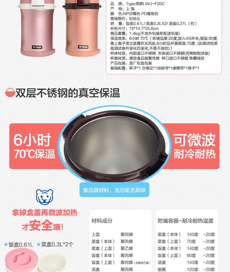 虎牌保温饭盒 可爱保温桶 日本 大容量不锈钢便当盒LWU-F20C 沙褐色(NP)