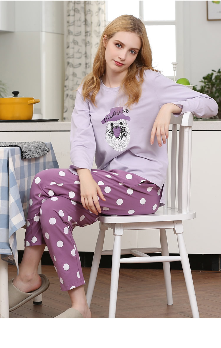 韩彩(hacai)睡衣 女秋冬中厚款家居服卡通印花圆领棉质起居服 浅麻灰