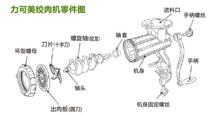 商城力可美lkm-jr08 手动不锈钢绞肉机 家用小型手摇碎肉灌肠机 正品