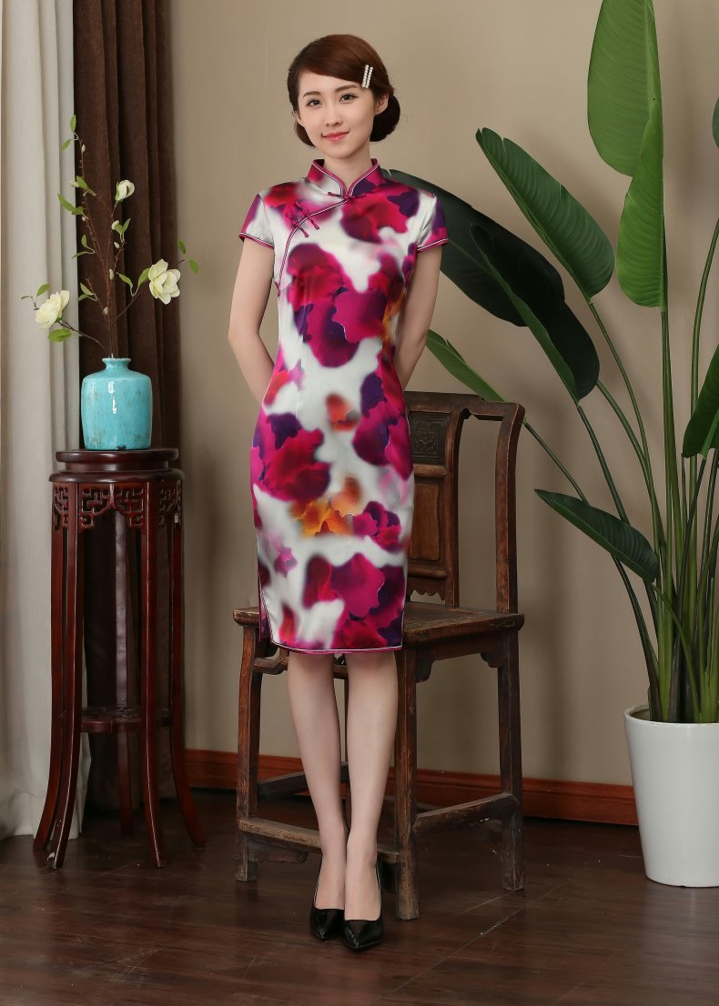 先派秋季新款短袖云朵旗袍女真丝旗袍日常礼服复古改良民族风 3xl码