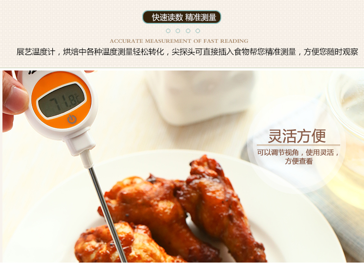 
                                        展艺 【巧厨烘焙】探针电子温度计食品温度计厨房液体测温计不锈钢                