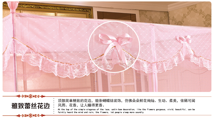 
                                        琛帛蚊帐不锈钢加粗螺纹支架 方顶 三开门拉链式 防蚊公主宫廷柔软 加密 蚊帐 紫色 1.8*2m床                