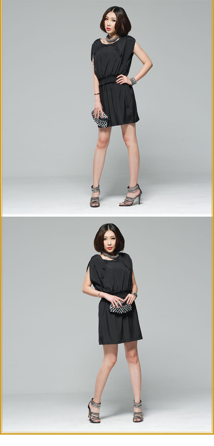 莱雪顿 欧美大牌裁剪小包扣 收腰款丝质圆领连衣裙605017 墨绿 均码