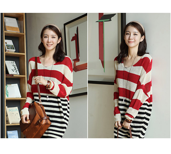 韩都衣舍 韩国2012春装上新女针织衫条纹宽松薄款针织衫hg1329 红色