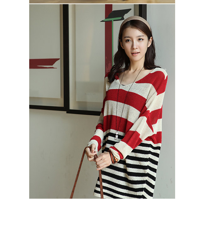 韩都衣舍 韩国2012春装上新女针织衫条纹宽松薄款针织衫hg1329 红色