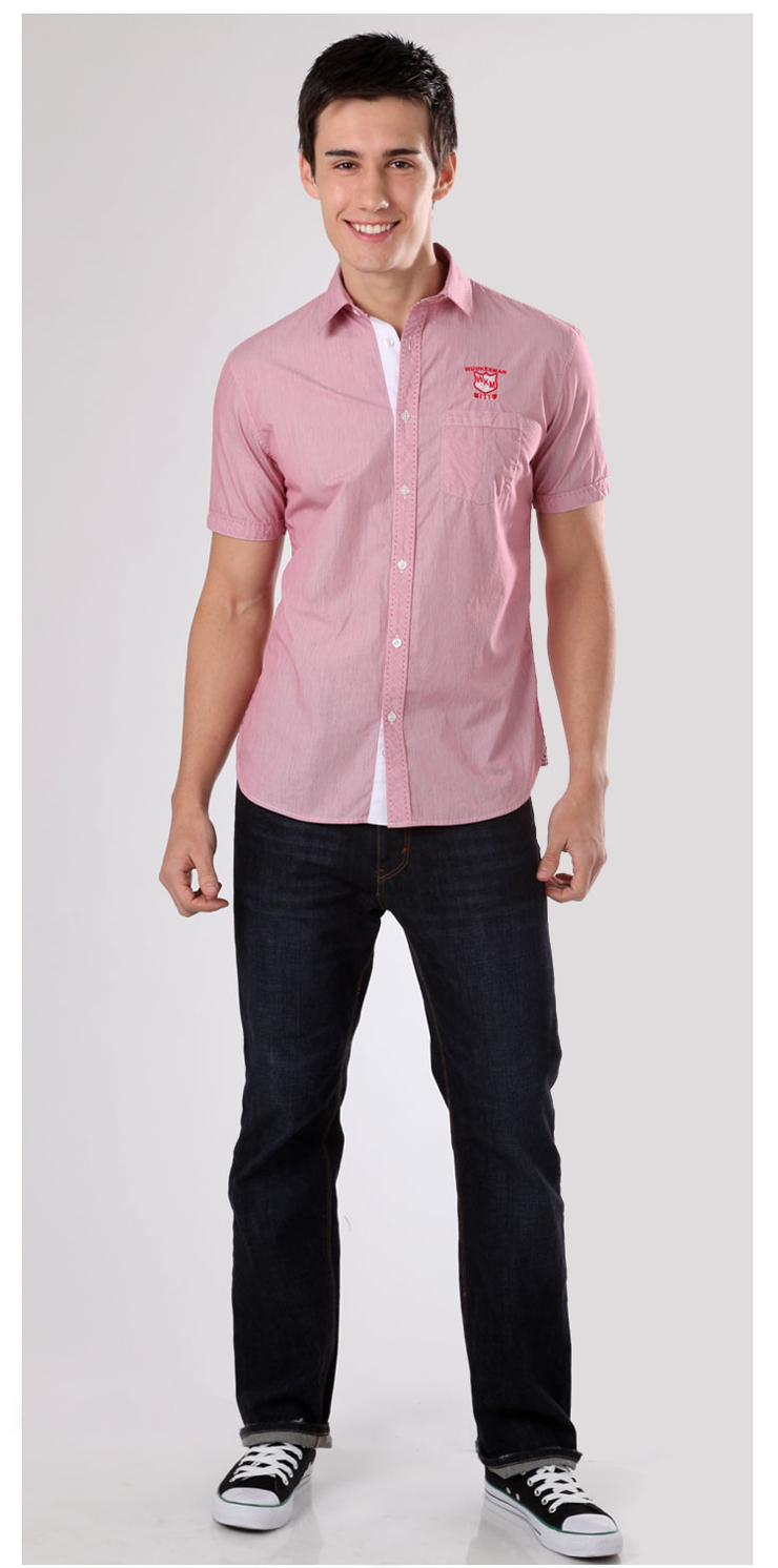 悟客良品wuukee 2013夏装佐拉时尚经典款细条纹短袖衬衫 11ds09 红色