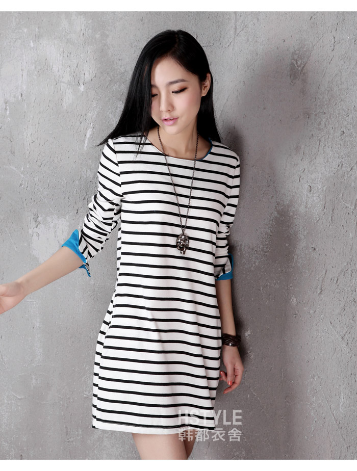 韩都衣舍 韩国连衣裙2012夏装新款条纹长袖翻边连衣裙hc2136 灰色 m