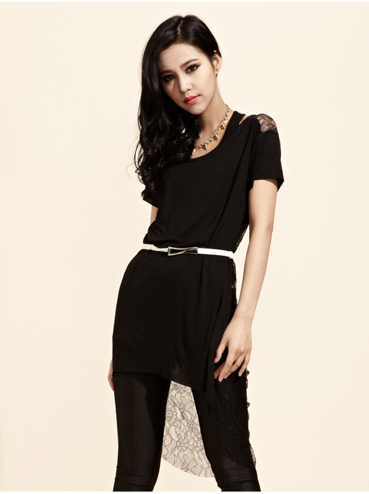 【欧莱诺olomo】女士t恤 2012新款女装魅惑蕾丝拼接中长款短袖t恤