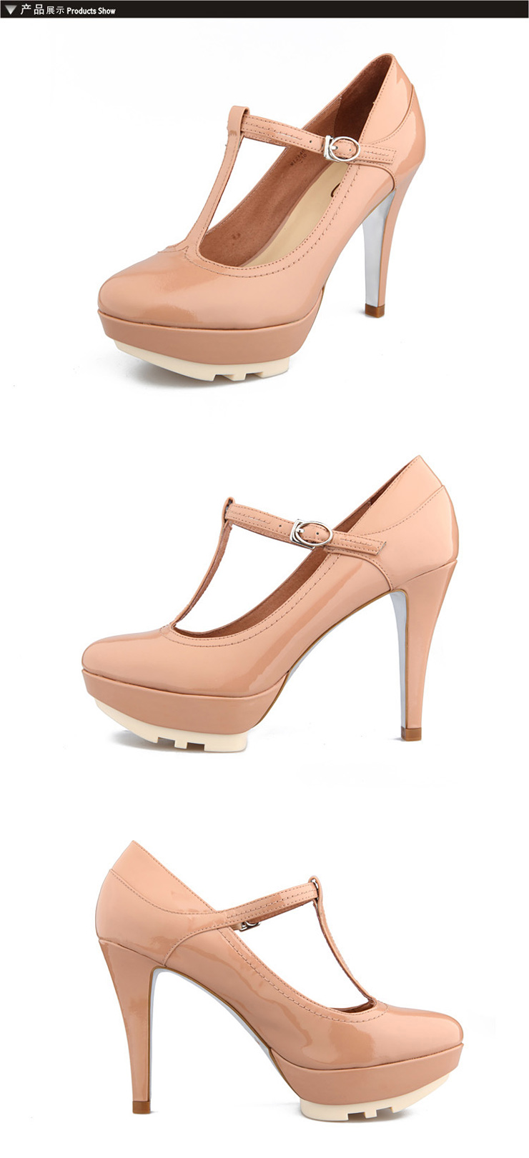 mio/米奥 丁字鼻梁款 圆头高跟水台漆皮女鞋 春款单鞋 m121402904 裸