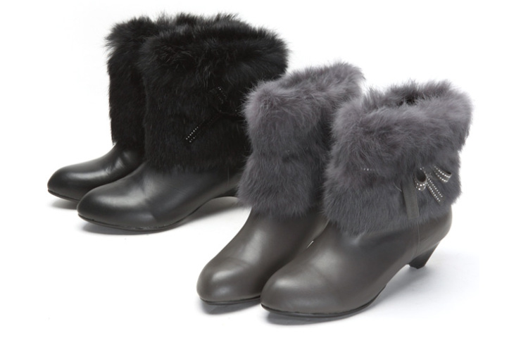 诗vanies 蝴蝶结系带兔毛短靴 秋冬真皮中跟女靴子 冬季清仓332524