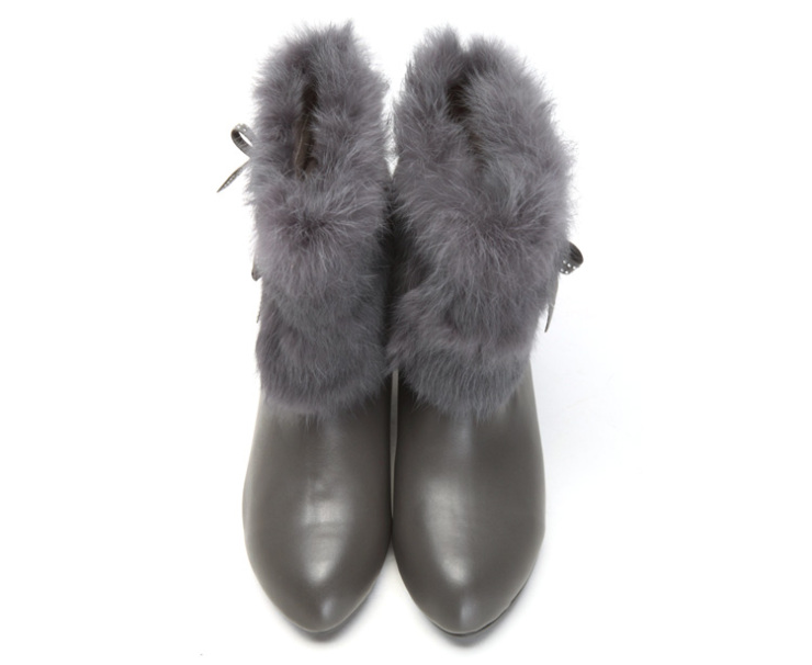 诗vanies 蝴蝶结系带兔毛短靴 秋冬真皮中跟女靴子 冬季清仓332524