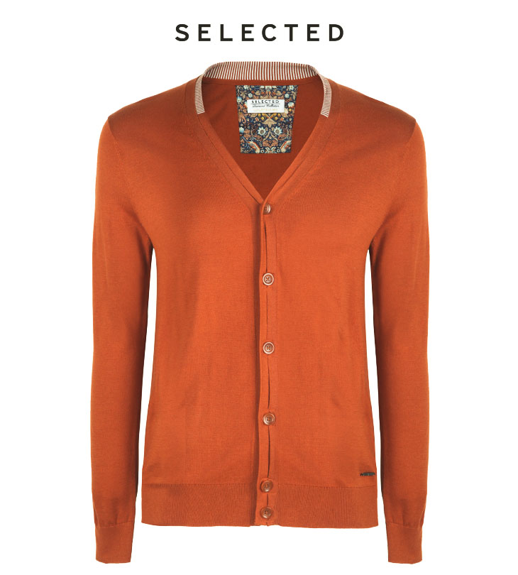 selected 针织 真丝混纺男士v领开襟商务针织衫d(棕橙色)
