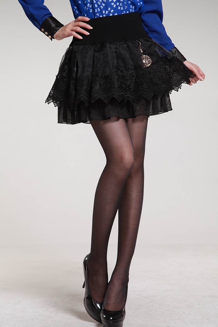 onebuye 走秀夜店女精美蕾丝烫钻名媛前卫松紧腰黑色小a短裙性感迷你