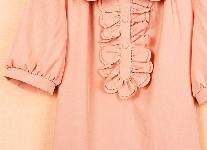 天空岛 韩国夏季新款女娃娃翻领木耳边拼接中袖衬衫 c2120701m 藕杏色