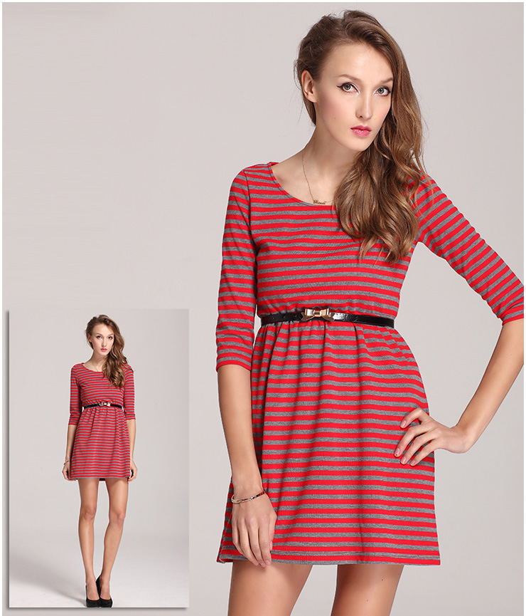 卡路约翰 2013新款夏韩版条纹中袖圆领收腰连衣裙大码女装63160205