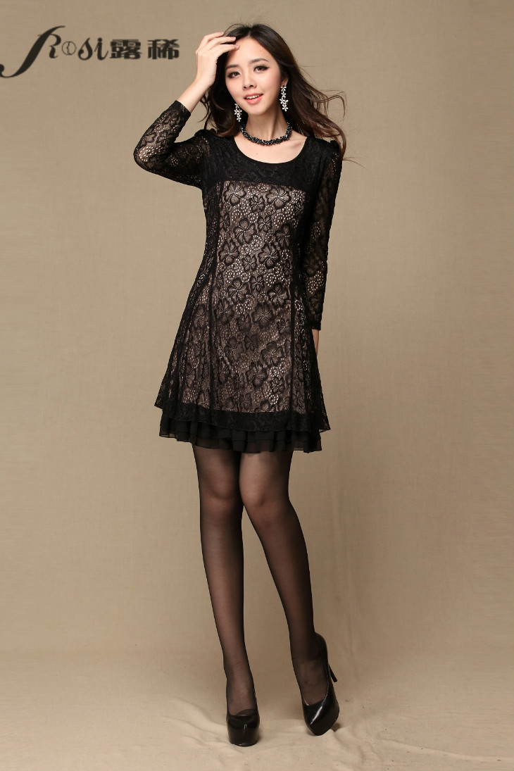 露稀/rosi春装新款新品黑色镂空蕾丝修身泡泡袖七分袖中年装大码妈妈