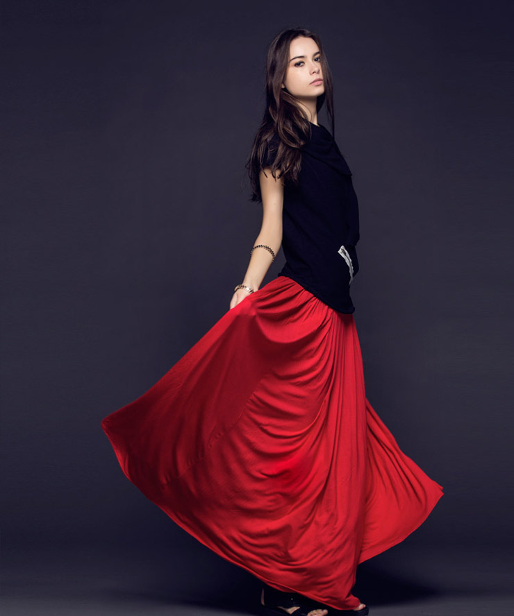 针织百褶半身拖地长裙 红色 s