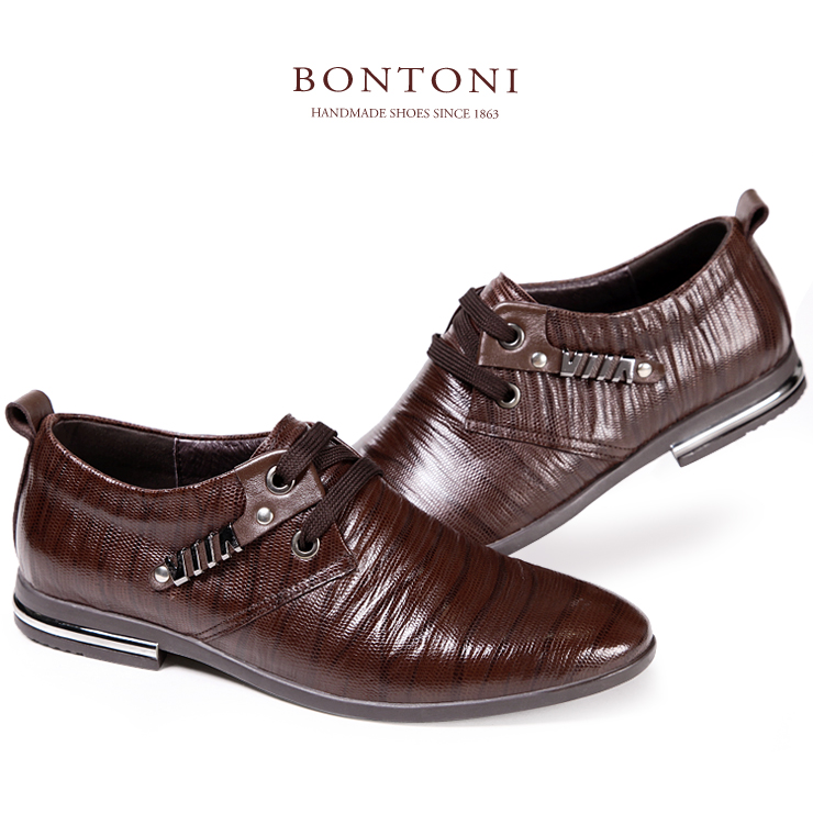bontoni真皮潮流行男鞋韩版英伦尖头系带男士商务正装皮鞋子 黑色 41