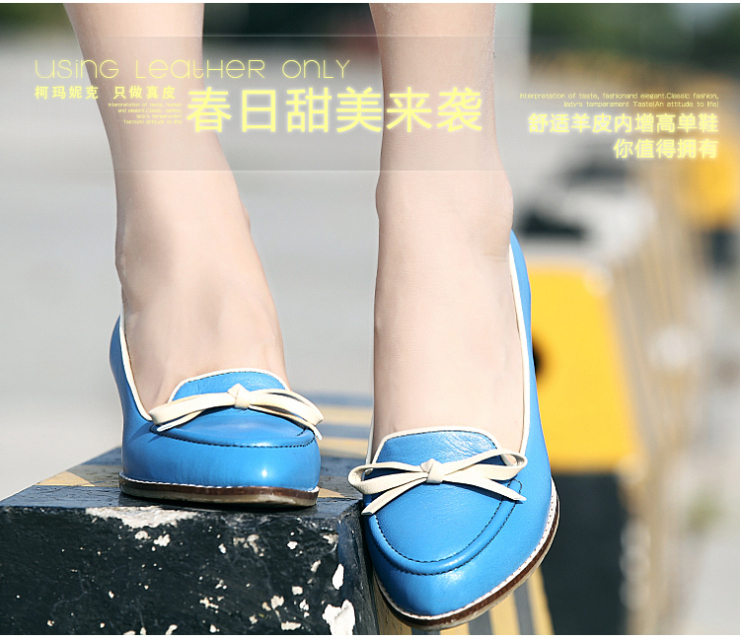 柯玛妮克 蝴蝶结羊皮单鞋 内增高休闲鞋k15745 兰色 35