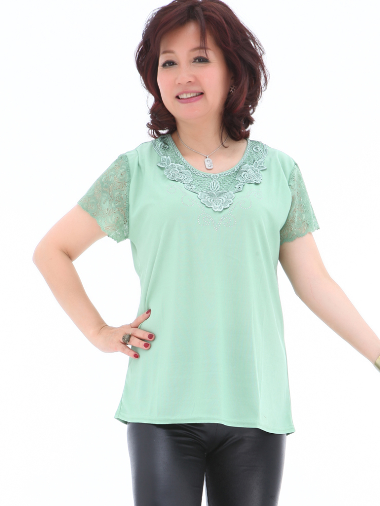 乐卡索2013中老年女装夏装短袖上衣中年镂空袖镶钻t恤