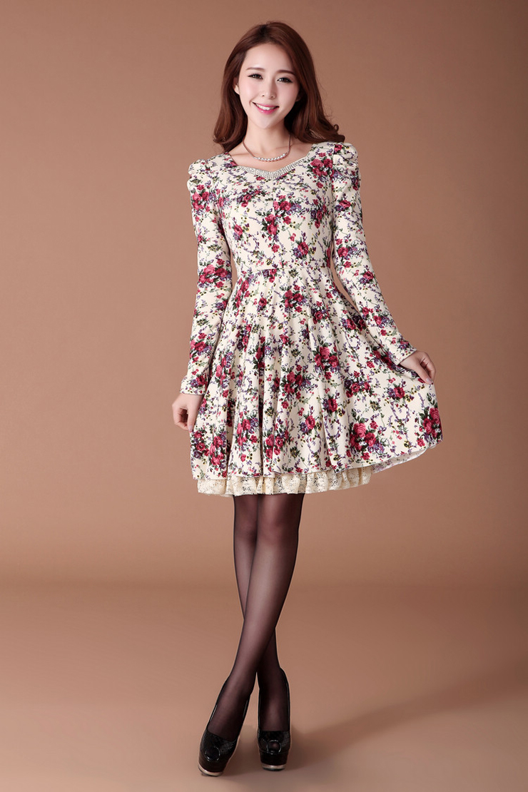 羽奥2013新款韩版女装花色裙子蕾丝春春款连衣裙长袖女92337 藏青碎花